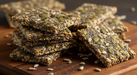 Hearty Seed Crackers Stacked on Wooden Board, Deliciously Healthy Snack for Active Lifestyles