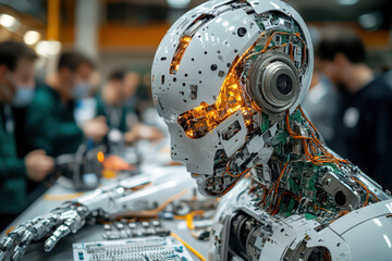 Fototapeta premium In a cutting-edge lab, engineers evaluate a robotic model featuring intricate circuitry and design. The atmosphere is filled with teamwork and innovation as they optimize performance