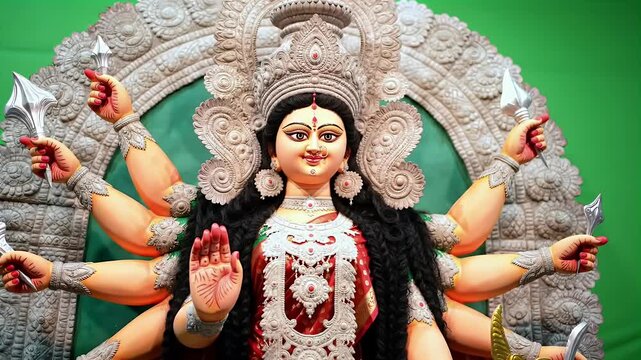 majestic idol of Dewi Durga with multiple arms, green screen background, goddess in detailed ornaments and red sari