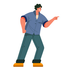 An angry cartoon man with dark curly hair points his finger accusingly while shouting.