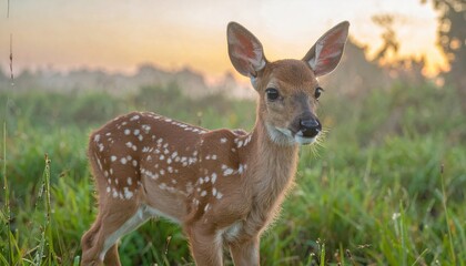 Fototapeta premium A speckled fawn stands in lush, sunlit meadow. Its ears are perked, and it gazes curiously at the camera amidst tall grasses and a glowing sky