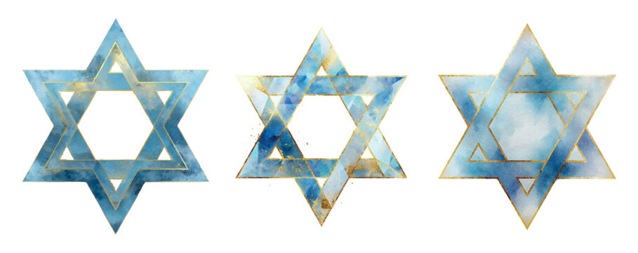 Watercolor set of Star of David symbols. Watercolor stars of David with golden frames. Jewish-Israeli regional symbol. Elements for Jewish holidays Hanukkah, Shabbat and others. Vector illustration.