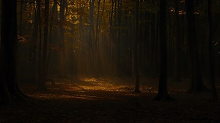 Golden autumn path leading through forest, photographed in 4K using a 35mm f2 lens, natural light accentuating rich warm tones and depth