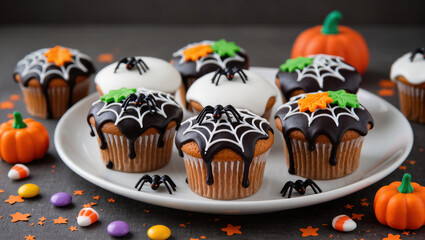 Halloween cupcakes decorated with spiderwebs, fondant spiders, and colorful leaves on a plate, surrounded by candy and pumpkins.