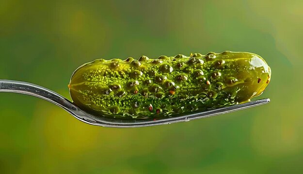 Pickle on fork, green background. Simple healthy eating.