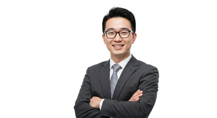 Confident young Asian businessman with glasses smiles, arms crossed, professionally dressed in a suit