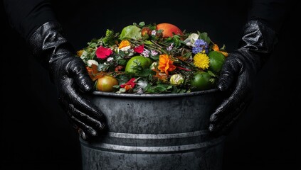 Hands in black gloves holding a metal compost bin filled with colorful food waste