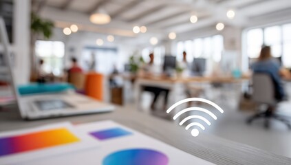 Blurred office interior with wifi symbol (1)