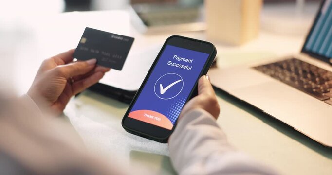 Hands, phone screen and payment with credit card, transaction or banking in office. Fintech, smartphone and person for online shopping, internet sales or notification check for digital finance app