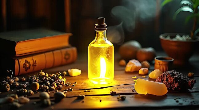 A glowing bottle of potion or essential oil sits on a wooden table surrounded by old books, herbs, and mystical ingredients.