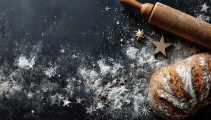Freshly baked loaf of bread on a dark surface, dusted with flour and decorative stars.  Wooden rolling pin
