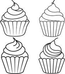 Set of Cupcake outline vector illustration, line art