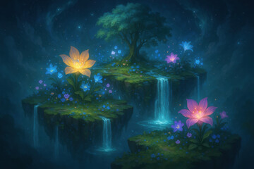 Obraz premium Enchanting Floating Islands: A whimsical, artistic rendering showcasing floating islands adorned with luminous flowers, cascading waterfalls, and a majestic tree, all set against a mystical.
