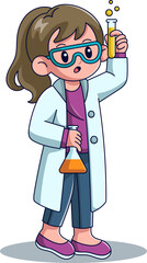 Cartoon girl scientist in lab coat and goggles holding a test tube with yellow liquid and an Erlenmeyer flask.