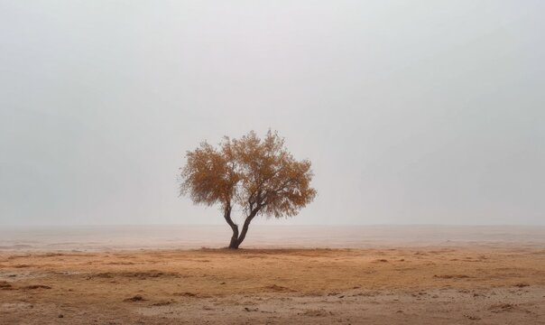 Lonely tree in a foggy landscape
