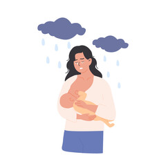 New mother feeling overwhelmed while breastfeeding newborn, expressing emotional vulnerability and need for postpartum support. Flat Style Vector Illustration for maternal wellness professional care.