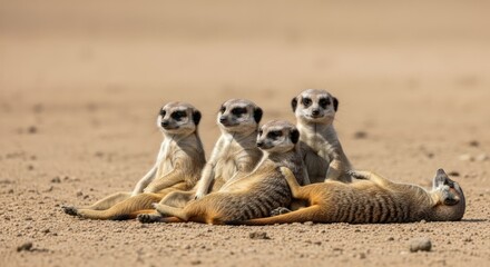 Cute Meerkat Family Relaxing in the Sun on Sandy Ground