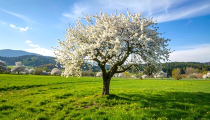Fototapeta premium A solitary cherry blossom tree in a vibrant spring meadow, bathed in sunlight under a partly cloudy sky. A beautiful landscape