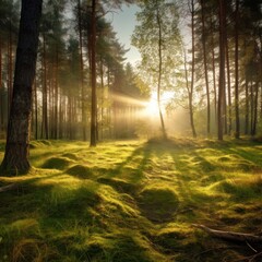 Fototapeta premium Forest grass sun landscape.