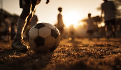 Children playing soccer at sunset