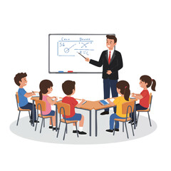 Male teacher in a simplified 2D flat vector illustration explaining a concept at a whiteboard to a diverse group of elementary students seated at colorful desks in a clean, bright classroom.