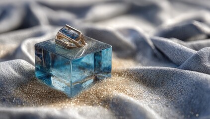 A gemstone ring on a light-blue glass cube, nestled on a bed of glitter