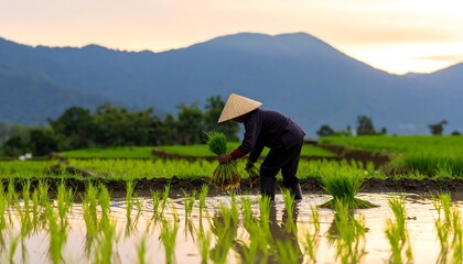Farmer planting rice seedlings in a paddy field at sunset
