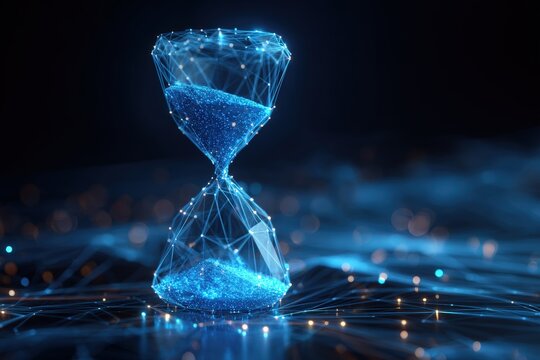 Digital hourglass, glowing blue