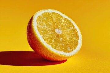 Close-up lemon slice on yellow backdrop