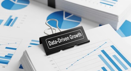 Black binder clip with text Data Driven Growth on stack of financial reports with charts business finance
