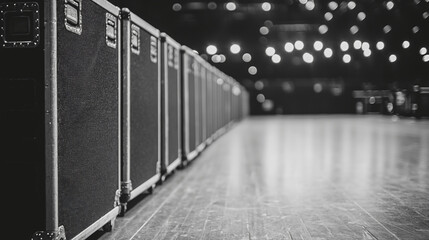 A row of black transport cases on a stage, with bright lights in the background, creating a bustling and energetic atmosphere.