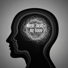 Black silhouette head profile with tangled white lines and text inside human brain