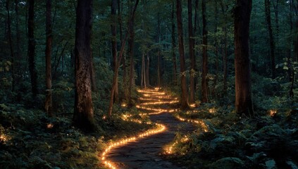 Obraz premium A winding path through a dark forest illuminated by tiny lights