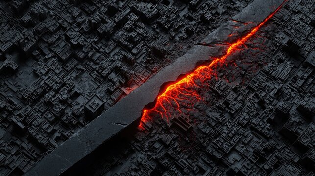 A black and red abstract cityscape with a glowing red line running through it.