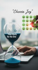 Blue hourglass with gears and text next to smiling emojis and a person typing on a laptop time sand