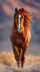 Majestic Chestnut Horse Running Wild Sunset Landscape