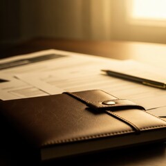 Brown leather notebook and pen on documents with warm light writing