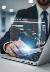 Businessman interacting with holographic Gantt chart on laptop screen finance technology