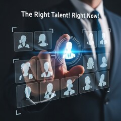 Businessman selecting candidate profile from digital interface with glowing icons technology human resources