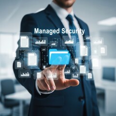 Businessman touching digital interface showing managed security and data analytics finance technology