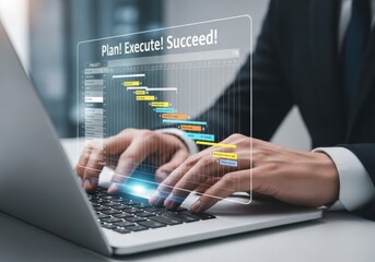 Businessman working on laptop with holographic Gantt chart project plan project management planning