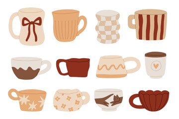 Cute coffee cups. Vector hand-drawn set. Different design handmade mugs. Cozy illustrations. Tea cups isolated on white background