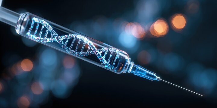 Syringe with DNA helix; futuristic medical technology
