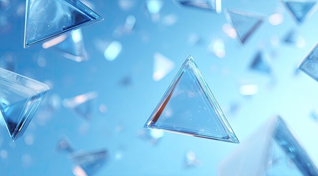 Many translucent, light blue triangles, floating in space. Soft, diffused light. Abstract, geometric - Powered by Adobe