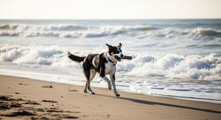 Dog runs on beach with stick