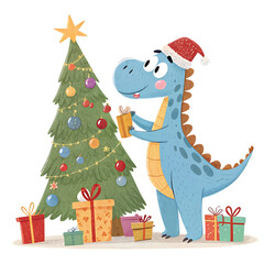 Naklejka premium Cute blue dinosaur wearing a santa hat decorating a christmas tree isolated on transparent background