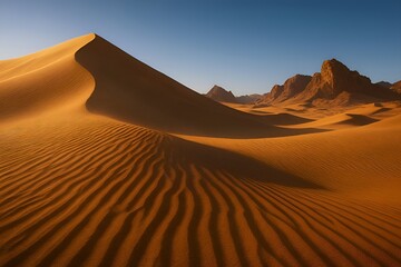 Golden desert landscape with towering sand dunes, rippling textures, and rocky mountains under clear blue sky, dramatic natural scenery background for travel, adventure, exploration, and outdoor desig