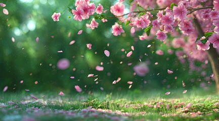 Pink blossoms fall in a spring garden