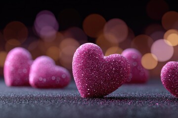 Fototapeta premium Pink glitter hearts on a dark surface, with bokeh background