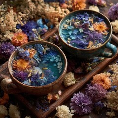 Two teal-toned mugs filled with colorful dried flowers, resting on a wooden tray.  Surrounded by more dried blooms